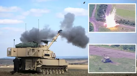 El obús autopropulsado M109A6 Paladin destruye el sistema de lanzallamas pesado ruso TOS-1A con proyectiles termobáricos de 220 mm.