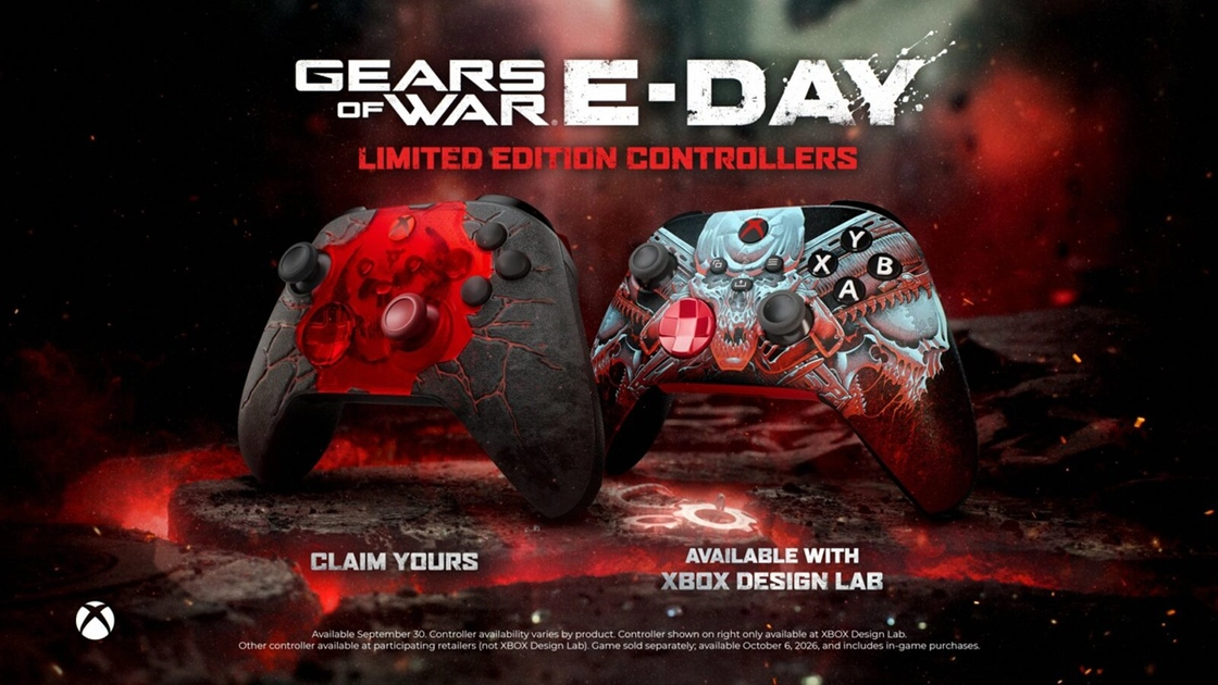 El mando Gears of War: E-Day con asfalto agrietado en 3D y el símbolo Crimson Omen iluminado en rojo.