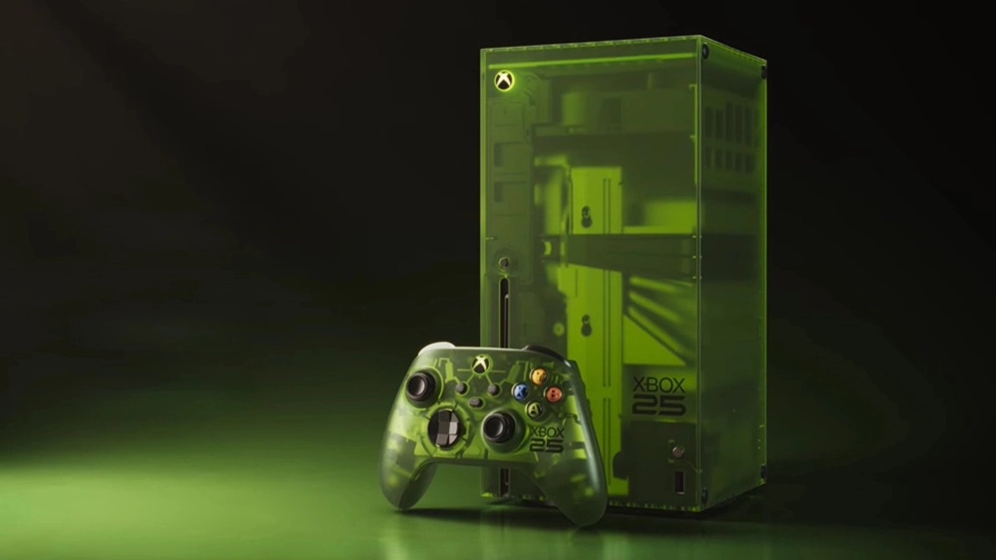 Xbox Series X25 Limited Edition y mando X25 Special Edition en verde translúcido con botones ABXY en colores clásicos.