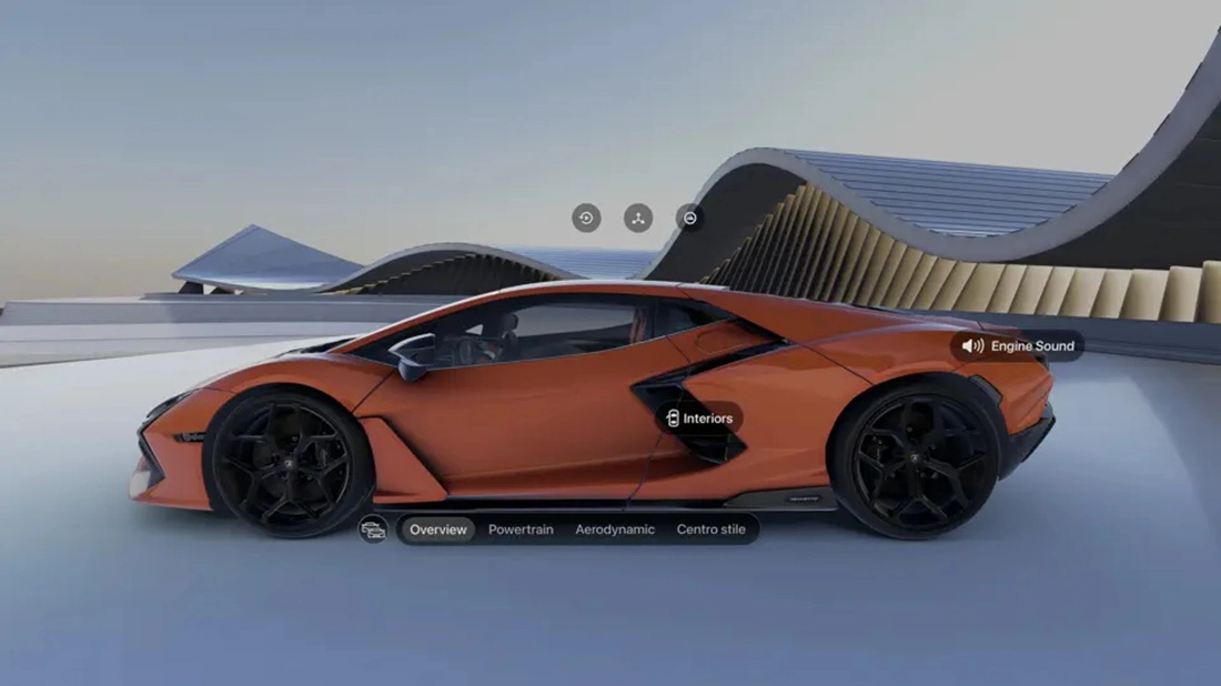 La app permite explorar los modelos Lamborghini a escala 1:1 con audio espacial y capas de ingeniería visibles.