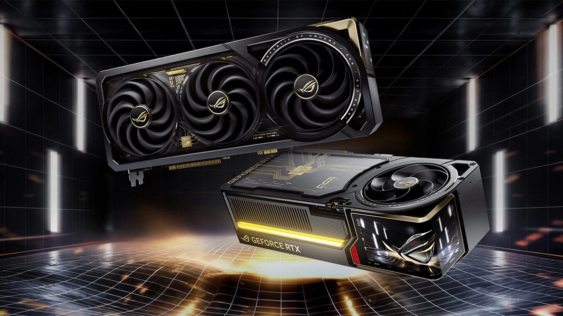 La pantalla AMOLED curva de la ROG Astral RTX 5090 Edition 20 muestra datos de hardware o escenas 3D en tiempo real.