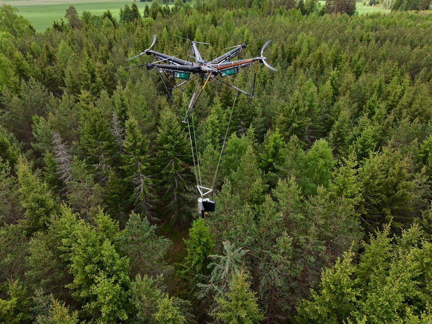 El dron de AirForestry en operación en un bosque de producción real.