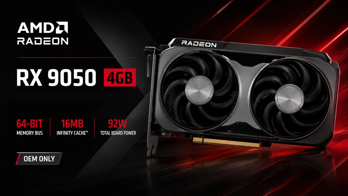 AMD Radeon RX 9050 4GB: bus de 64 bits y 144 GB/s de ancho de banda, frente a los 288 GB/s del modelo de 8 GB.