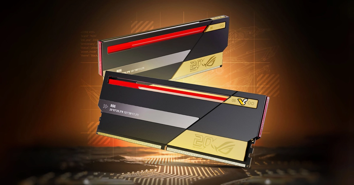 El ROG DDR5 RGB Edition 20 combina un diseño en negro, dorado y rojo con iluminación Aura Sync sobre disipador de aluminio.