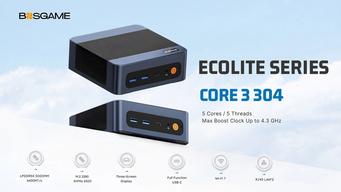 El Bosgame E6 ECO mide apenas 129 × 128 × 44 mm y cabe en cualquier escritorio.