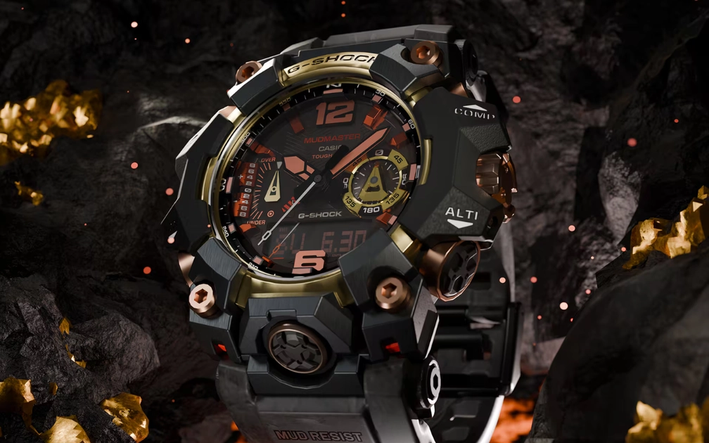 El bisel de metal forjado con baño de iones dorados y la correa con efecto mármol «garal» definen el carácter volcánico del nuevo Mudmaster.