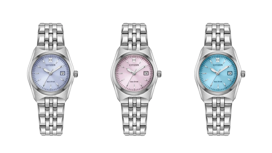 Los tres nuevos modelos Citizen Corso EW2291 en esfera violeta, rosa y azul.