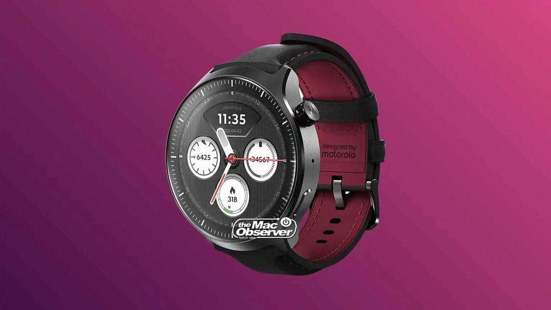 Renders filtrados del Moto Watch Ultra con correa de piel sintética negra y detalles en rojo.