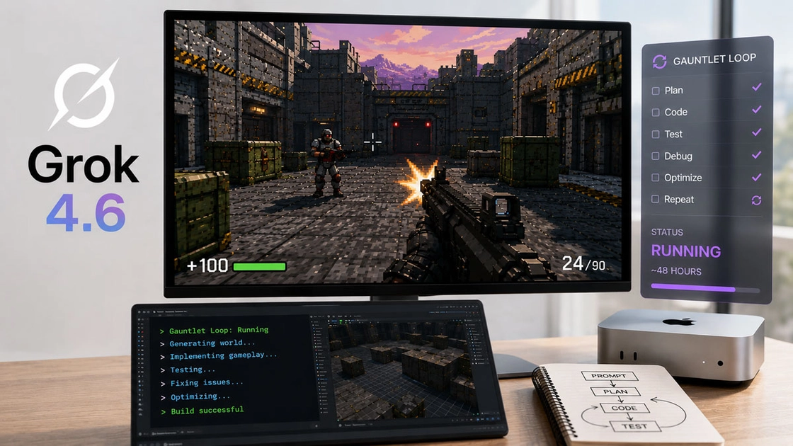Grok 4.6 creó un shooter 3D en 48 horas sin intervención humana