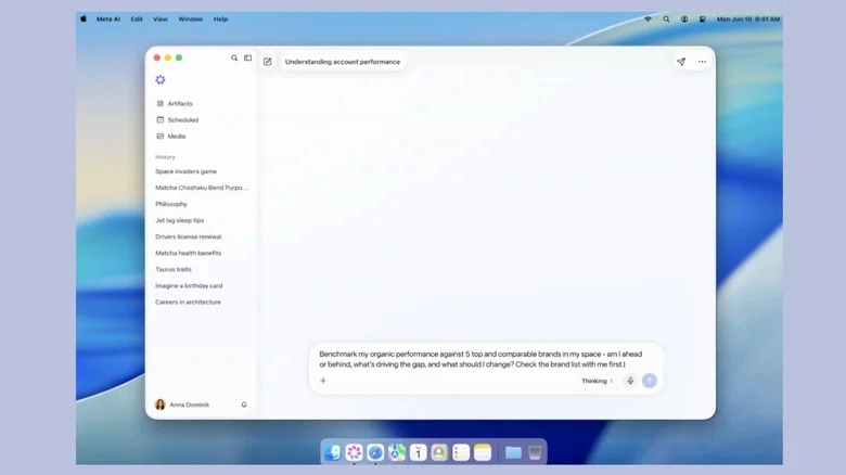 La aplicación de Meta AI para Mac incluye compartición de pantalla y acceso a cuentas profesionales de Instagram y Facebook.