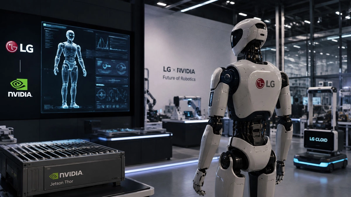 Robot humanoide en miniatura presentado por LG, con los autógrafos del CEO de LG Corp., Kwang Mo Koo, y del CEO de NVIDIA, Jensen Huang. Ilustración: LG Corp.