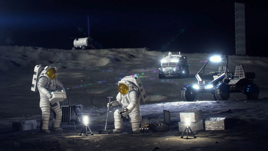 Modelos del módulo de aterrizaje Blue Origin Mark 1, el rover Astrolab, el rover Lunar Outpost Pegasus y el orbitador Firefly Elytra Dark. Foto: NASA / Aubrey Gemignani