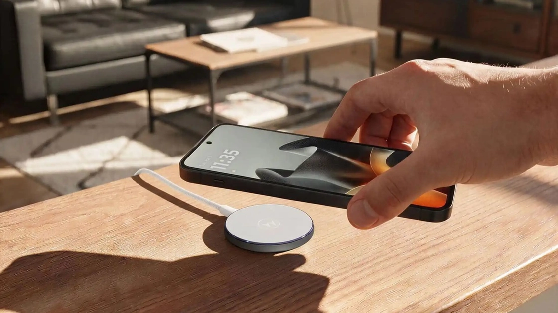 El Moto Snap Wireless Charger con alineamiento magnético y soporte Qi2.2.