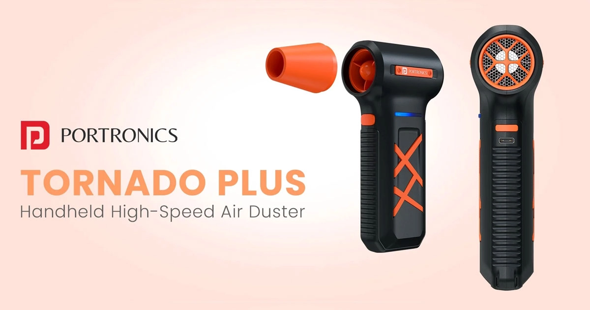 El Tornado Plus de Portronics con su empuñadura de pistola y los adaptadores intercambiables. Foto: Portronics