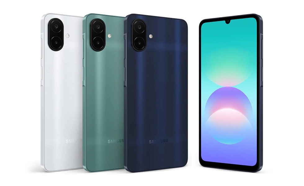Galaxy A08 en plateado, azul oscuro y verde. Imagen: Samsung