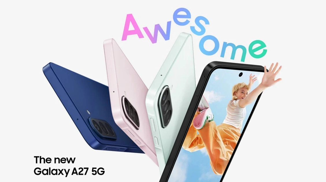 Samsung Galaxy A27 en sus cuatro colores: negro, azul, rosa claro y verde claro.
