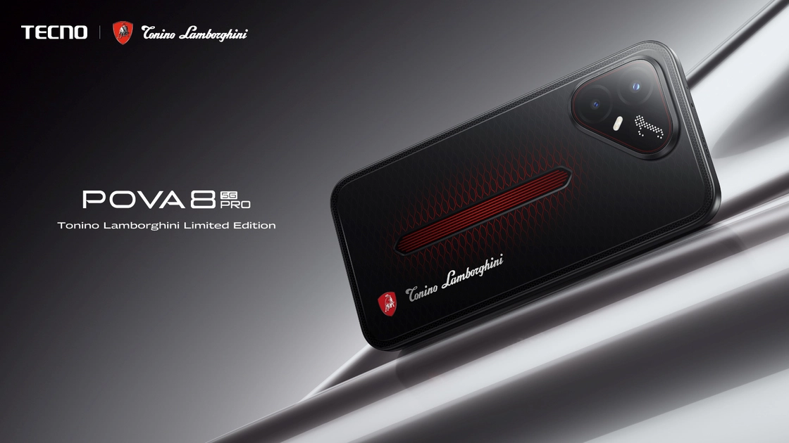 La trasera del Pova 8 Pro 5G Tonino Lamborghini Edition con su doble capa y efectos de espejo en rojo.