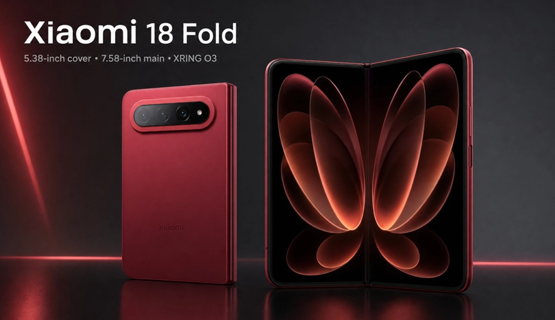 Xiaomi 18 Fold en color rojo con módulo de cámara Leica horizontal.