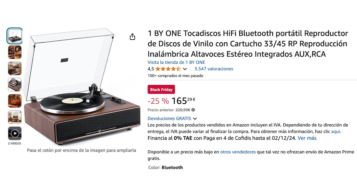 1 BY ONE Tocadiscos HiFi Bluetooth portátil con un descuento de 55€! 1 BY ONE Tocadiscos HiFi Bluetooth portátil con un descuento de 55€!