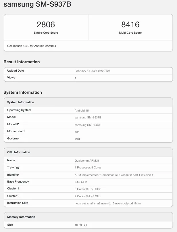 Galería del S25 Edge en Geekbench Prueba la versión global del Galaxy S25 Edge en Geekbench