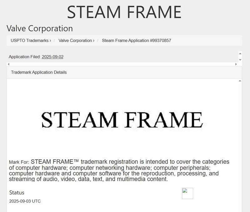 Steam Frame Imagen de la nueva marca registrada Steam Frame de Valve