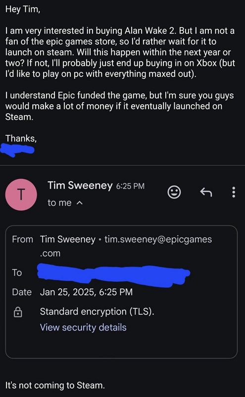 Captura de pantalla de la correspondencia con Tim Sweeney