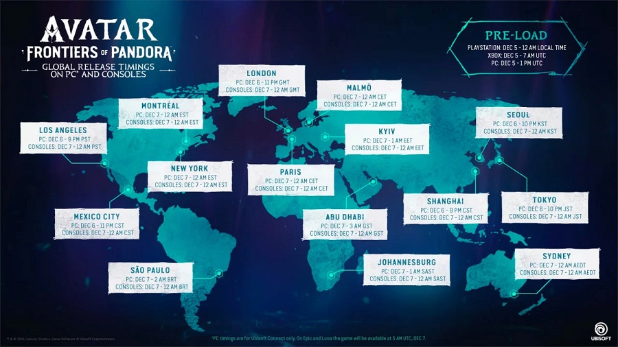 Ubisoft ha publicado un mapa con la hora exacta de lanzamiento de Avatar: Fronteras de Pandora y ha desvelado dos nuevos vídeos-2 Ubisoft ha publicado un mapa con la hora exacta de lanzamiento de Avatar: Fronteras de Pandora y ha desvelado dos nuevos vídeos-2