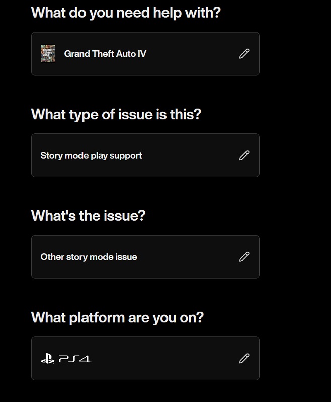 Captura de pantalla del sitio de soporte de Rockstar Games que muestra PS4 como la plataforma para GTA IV