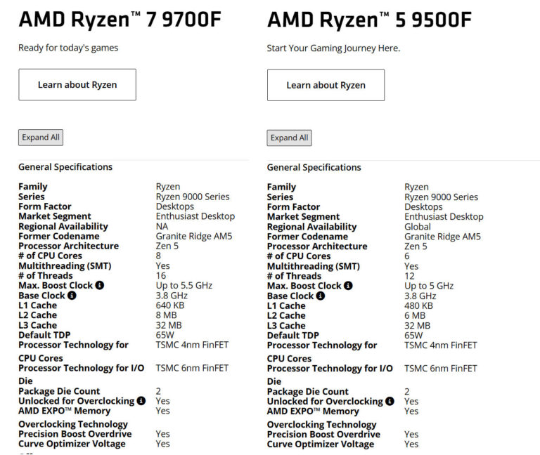 Ryzen 7 9700F y Ryzen 5 9500F procesadores