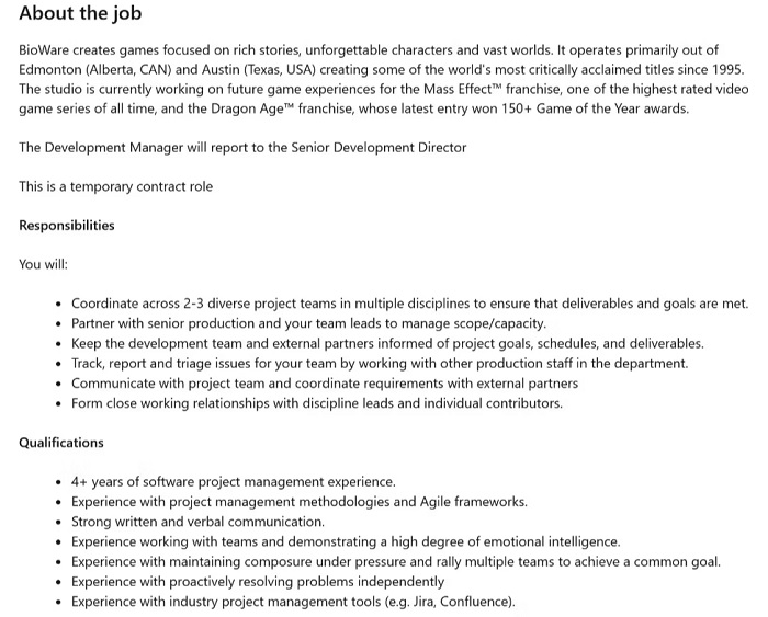 Una oferta de empleo en BioWare insinúa que el estudio está trabajando en otro proyecto además de Dragon Age: Dreadwolf y una nueva entrega de Mass Effect.-2