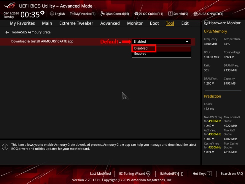 Pantalla para desactivar la utilidad Armoury Crate en la BIOS Pantalla para desactivar la utilidad Armoury Crate en la BIOS