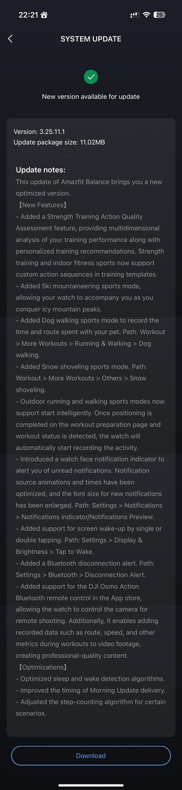 Detalles de la actualización del reloj inteligente Amazfit Balance, versión 3.25.11.1