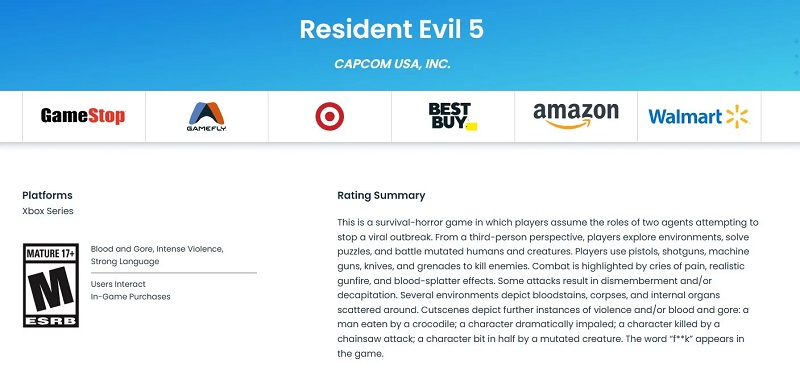 Clasificación por edades de Resident Evil 5 para la serie Xbox. Fuente: ESRB