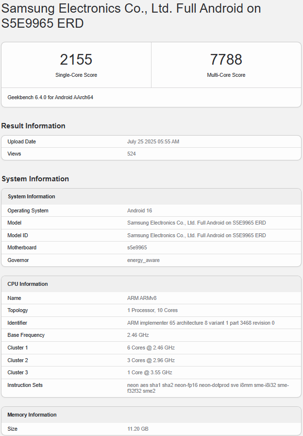 Resultados de Geekbench Exynos 2600