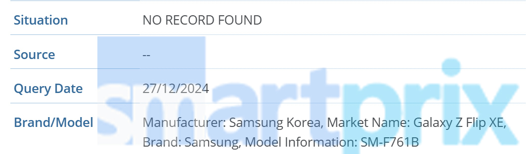 Información sobre Samsung Galaxy Z Flip FE (XE) en la base de datos GSMA