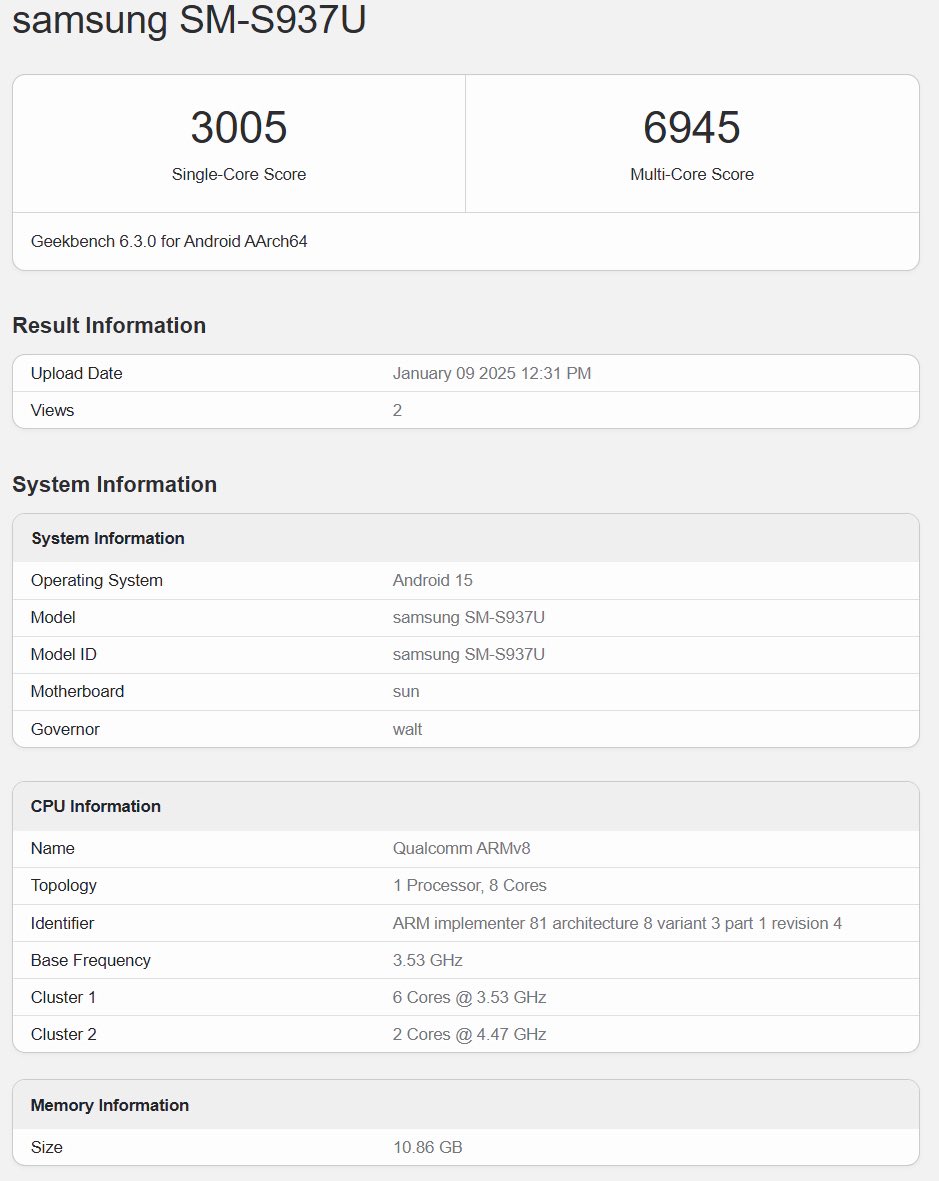 Resultados de las pruebas del Galaxy S25 Slim en Geekbench Resultados de las pruebas del Galaxy S25 Slim en Geekbench