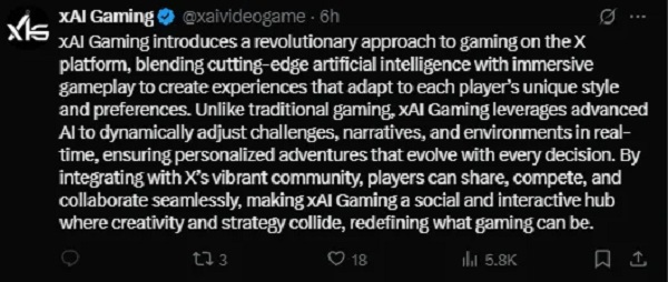 Captura de pantalla de una publicación sobre xAI Gaming Captura de pantalla de una publicación sobre xAI Gaming