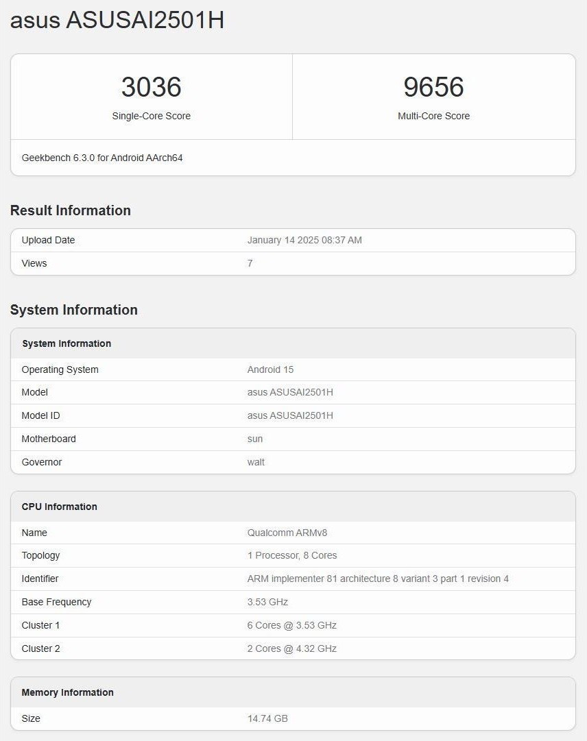 Resultados de las pruebas del Asus Zenfone 12 Ultra. Ilustración: Geekbench