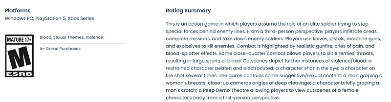 Captura de pantalla de la descripción del juego en el sitio web de la ESRB