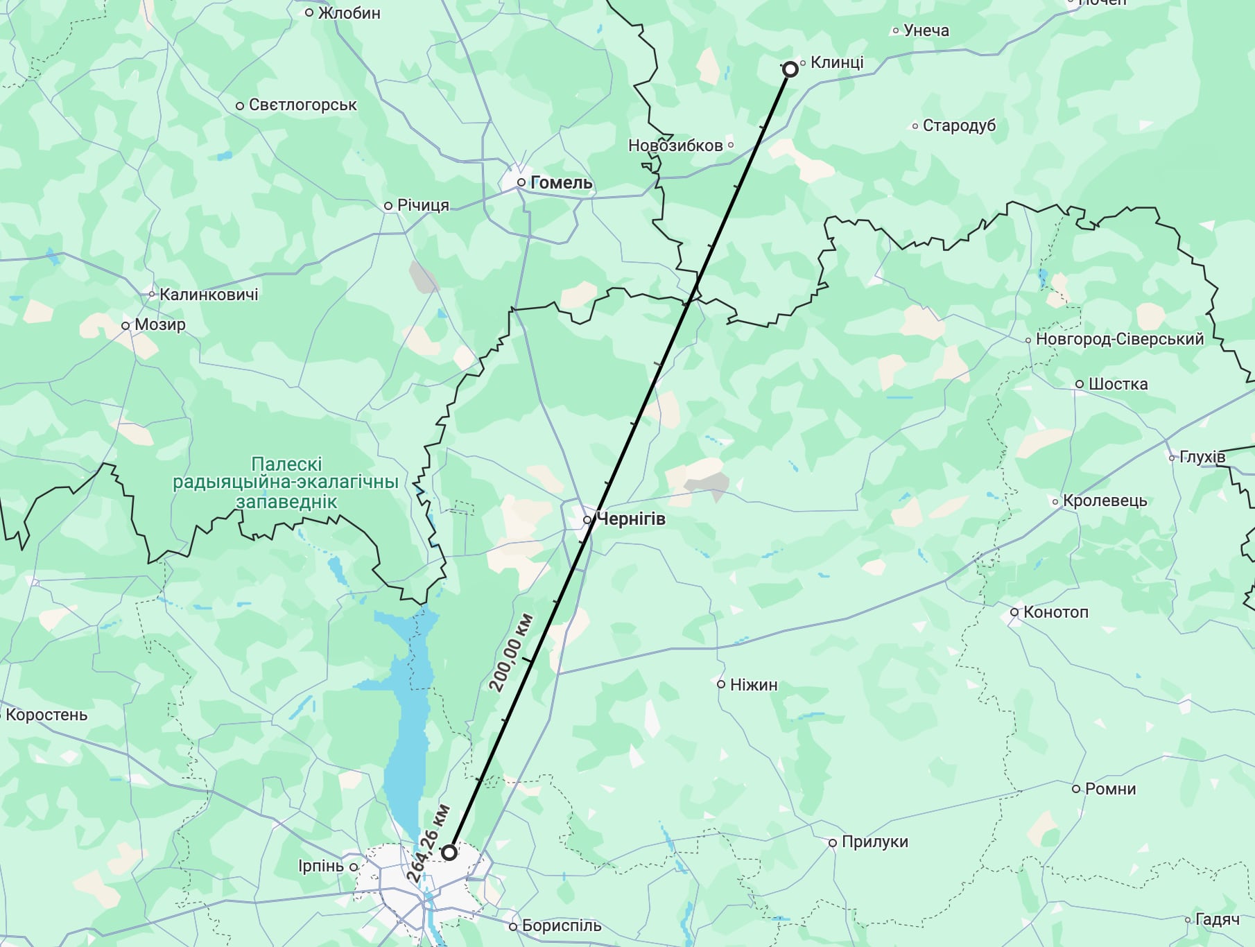 Mapa de la distancia de Klintsy a Kyiv