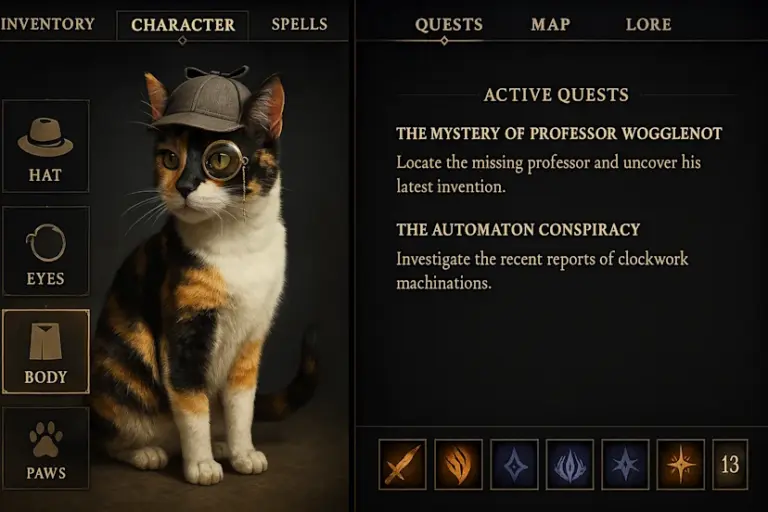 Escena de gato con varios objetos Escena de gato con varios objetos