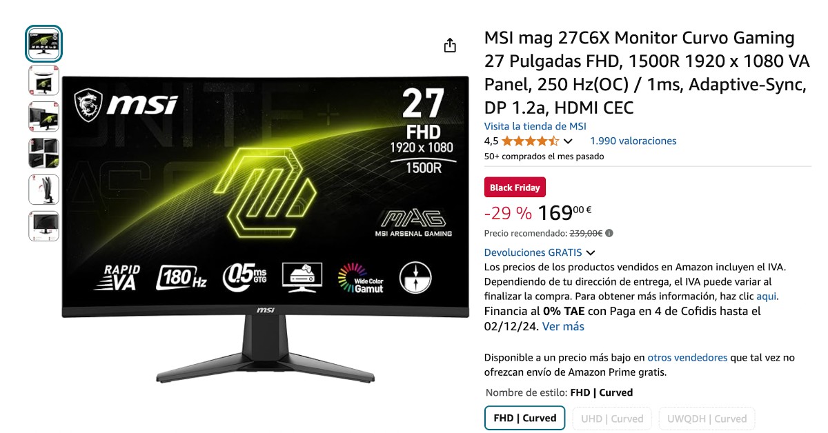 Monitor curvo MSI MAG 27C6X Monitor curvo MSI MAG 27C6X en oferta