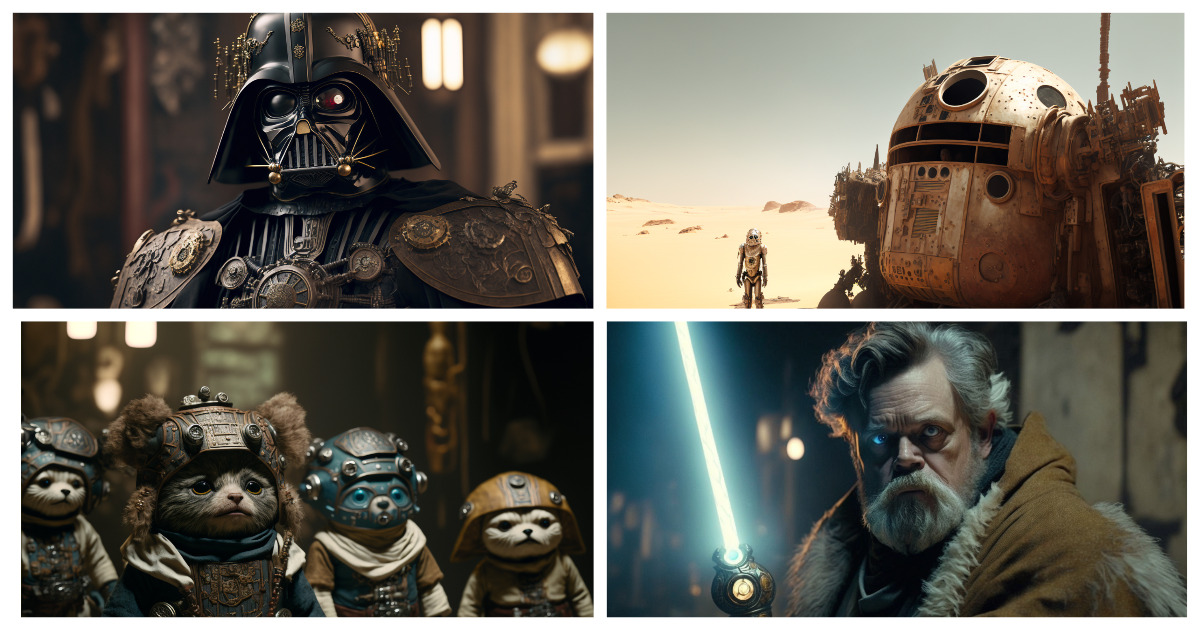 Una red neuronal representa planetas y personajes emblemáticos de Star Wars al estilo steampunk Una red neuronal representa planetas y personajes emblemáticos de Star Wars al estilo steampunk