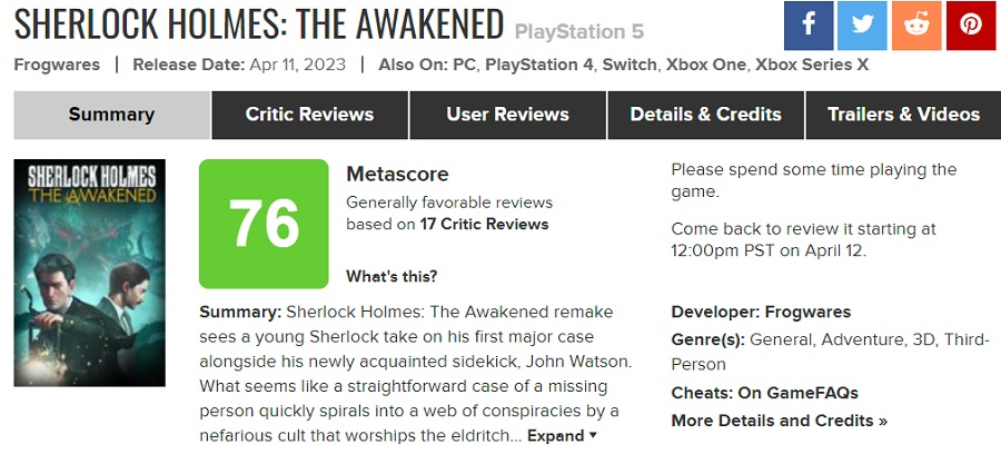 Monótono y aburrido: la crítica ha valorado moderadamente el remake de Sherlock Holmes: The Awakened. El juego ha recibido una puntuación media en los agregadores-2 Monótono y aburrido: la crítica ha valorado moderadamente el remake de Sherlock Holmes: The Awakened. El juego ha recibido una puntuación media en los agregadores-2
