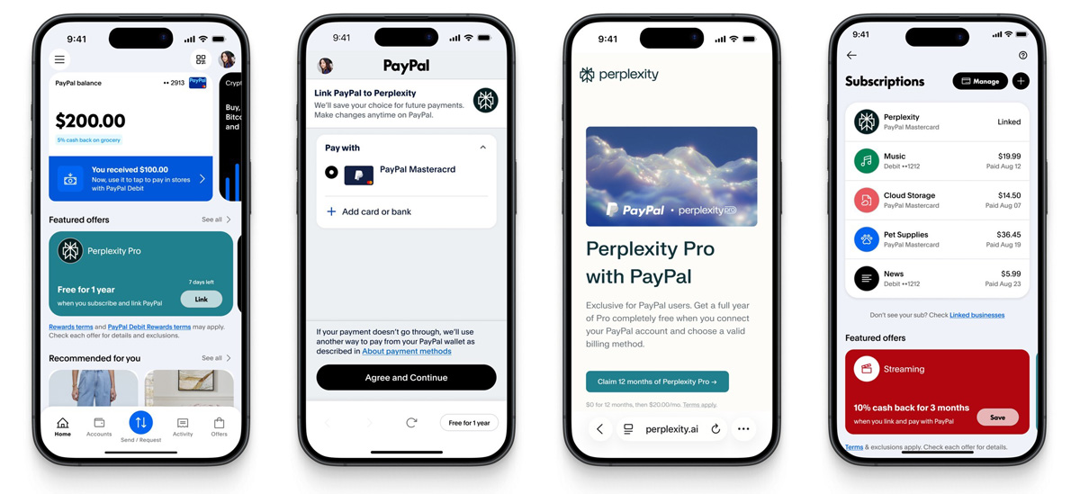 Suscripción anual de Perplexity Pro gratis Suscripción de un año de Perplexity Pro gratis. Ilustración para la campaña de PayPal