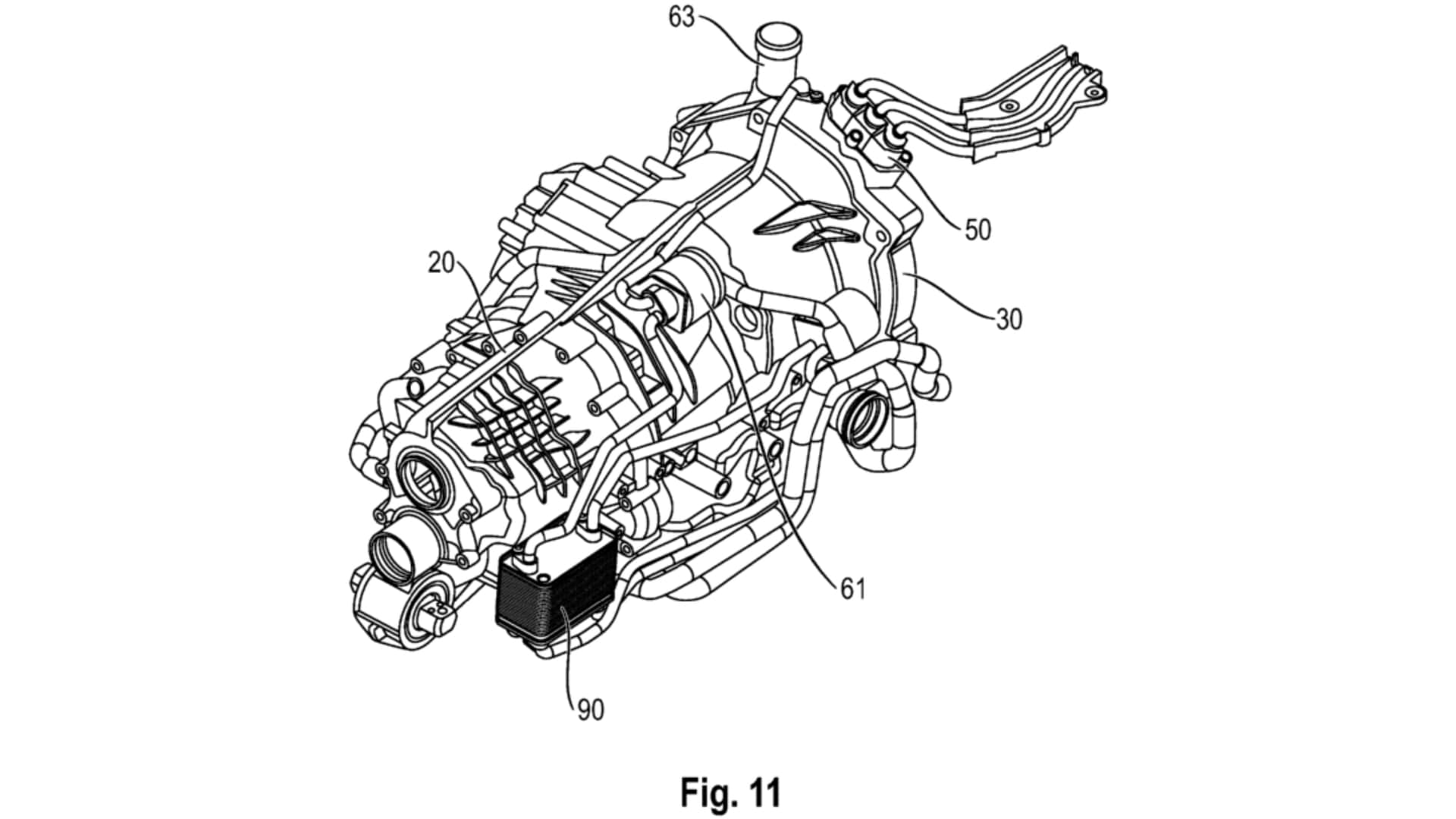 Imagen de la patente del tren motriz híbrido de Porsche con flujo magnético axial y motor de combustión interna.