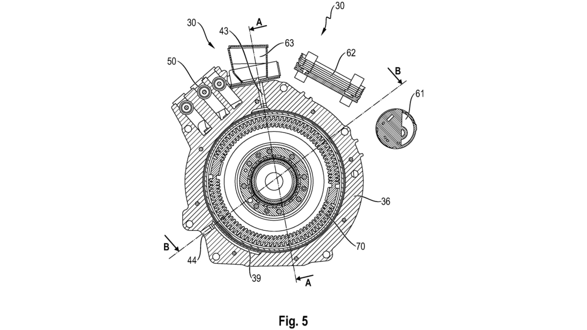 Imagen del diseño del motor eléctrico y motor de combustión interna en la patente de Porsche.