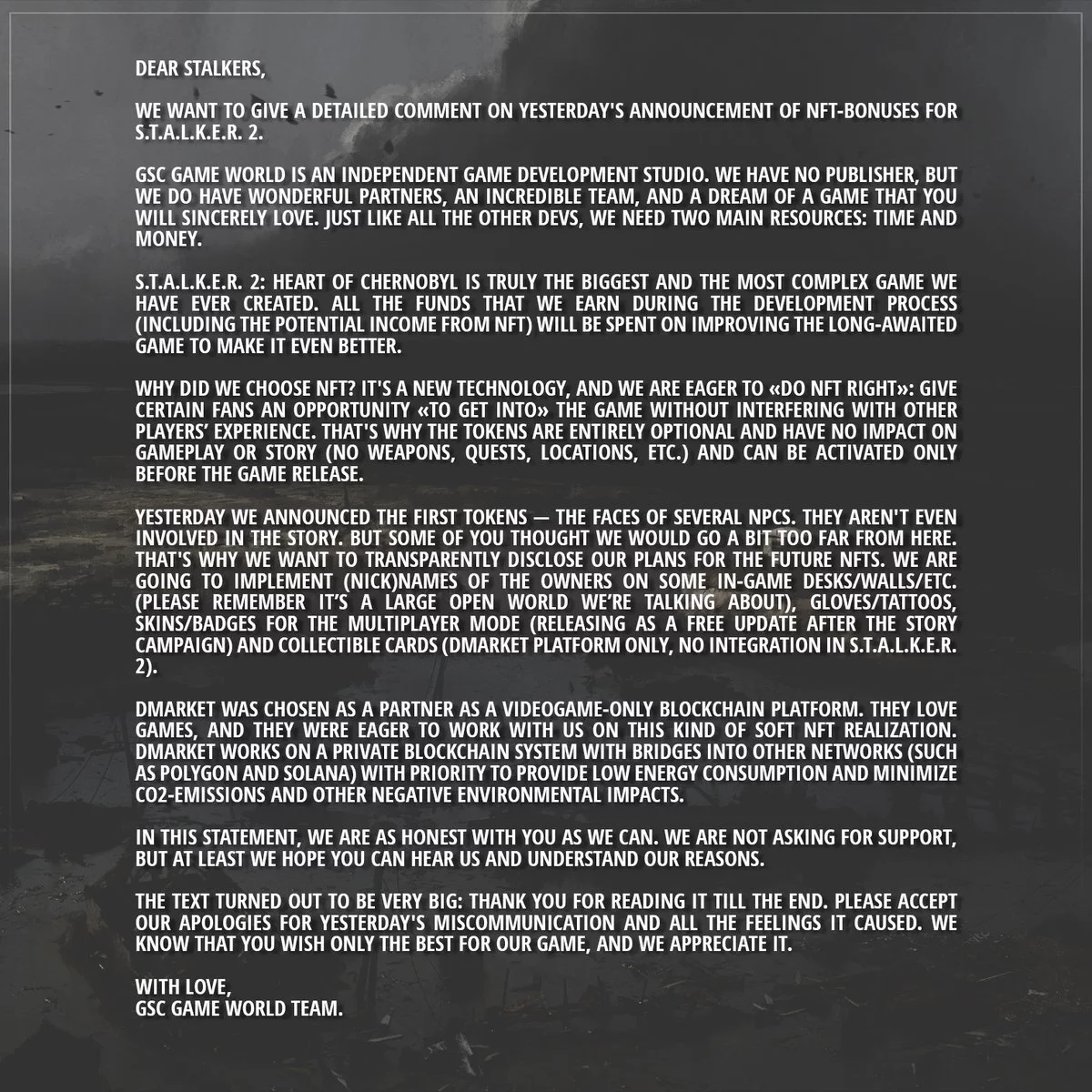Desarrolladores S.T.A.L.K.E.R. 2: Heart of Chernobyl abandonó la idea de introducir NFT debido a la indignación de los jugadores Desarrolladores S.T.A.L.K.E.R. 2: Heart of Chernobyl abandonó la idea de introducir NFT debido a la indignación de los jugadores