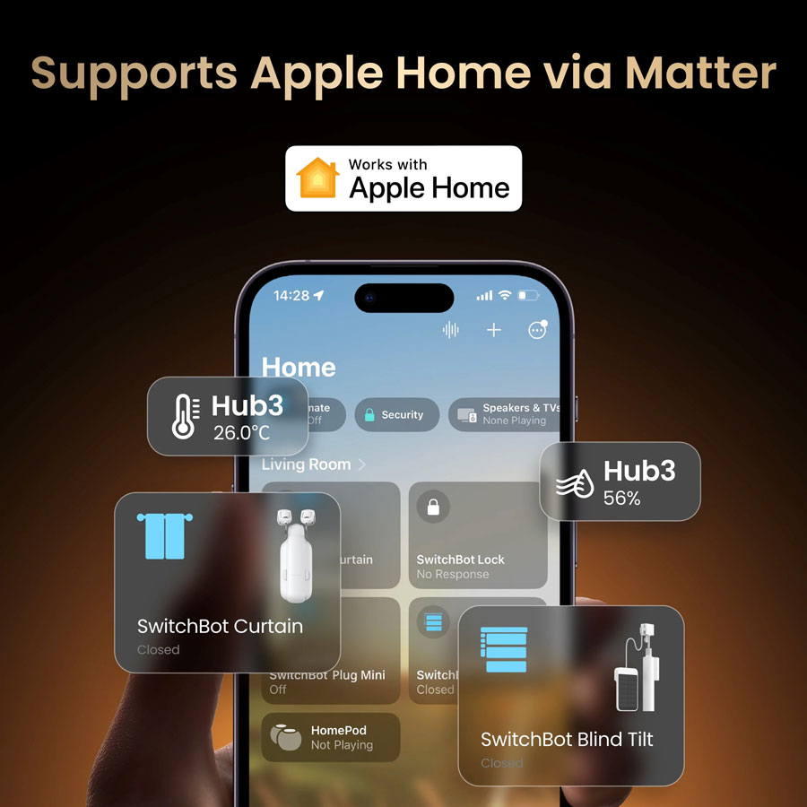 SwitchBot Hub 3 en el fondo del dispositivo Apple Home