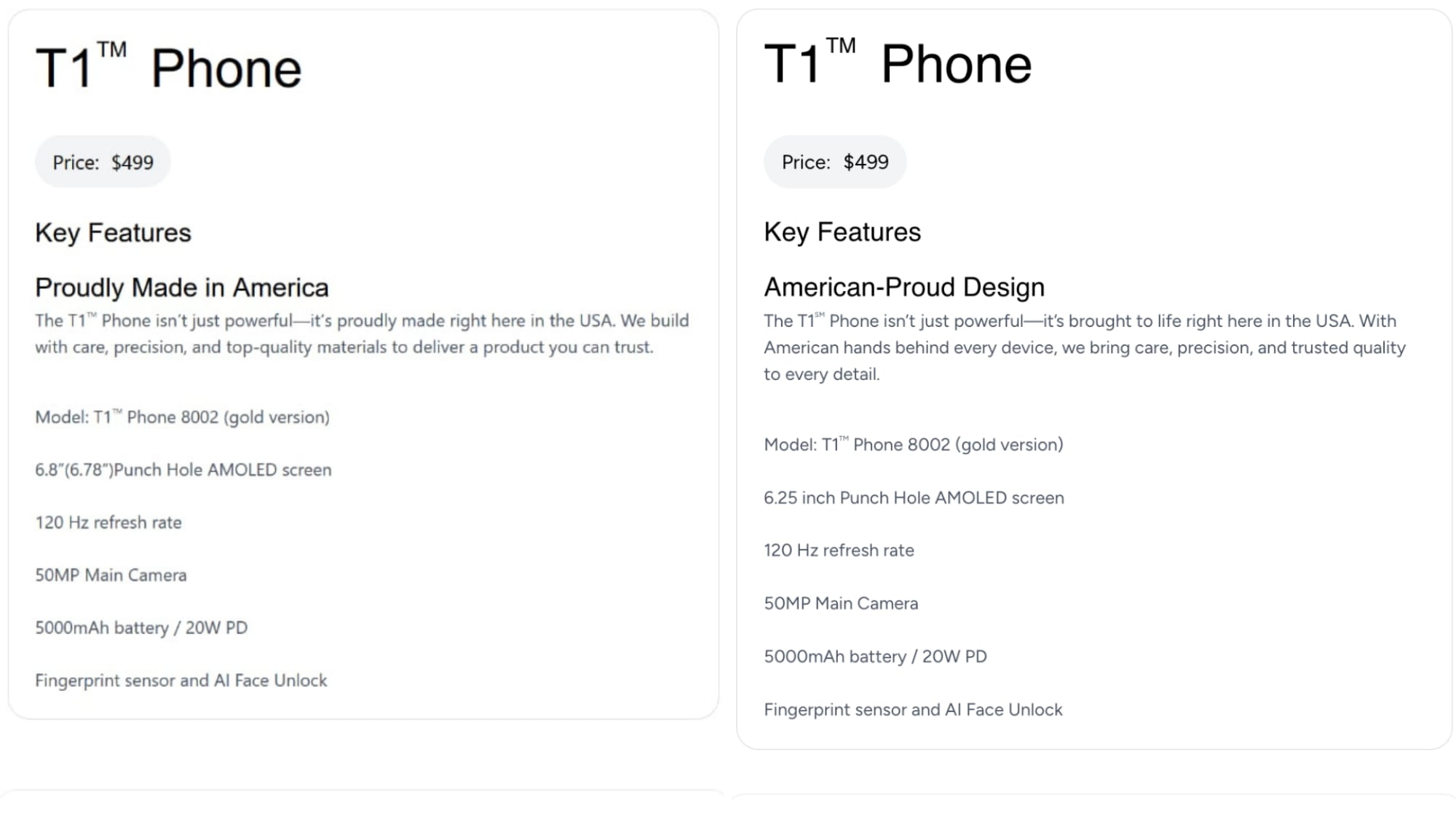 Descripción antigua y actualizada del smartphone T1 Phone